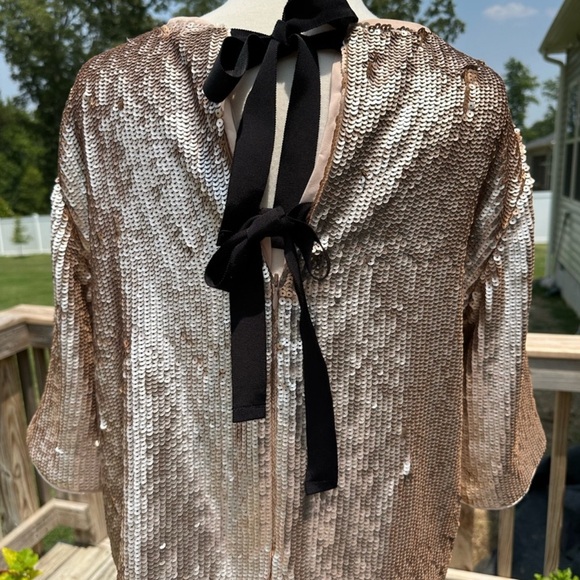 J.Crew Bianca Rose Gold Full Sequin Blouse 12 with gross grain black ties - Picture 6 of 9